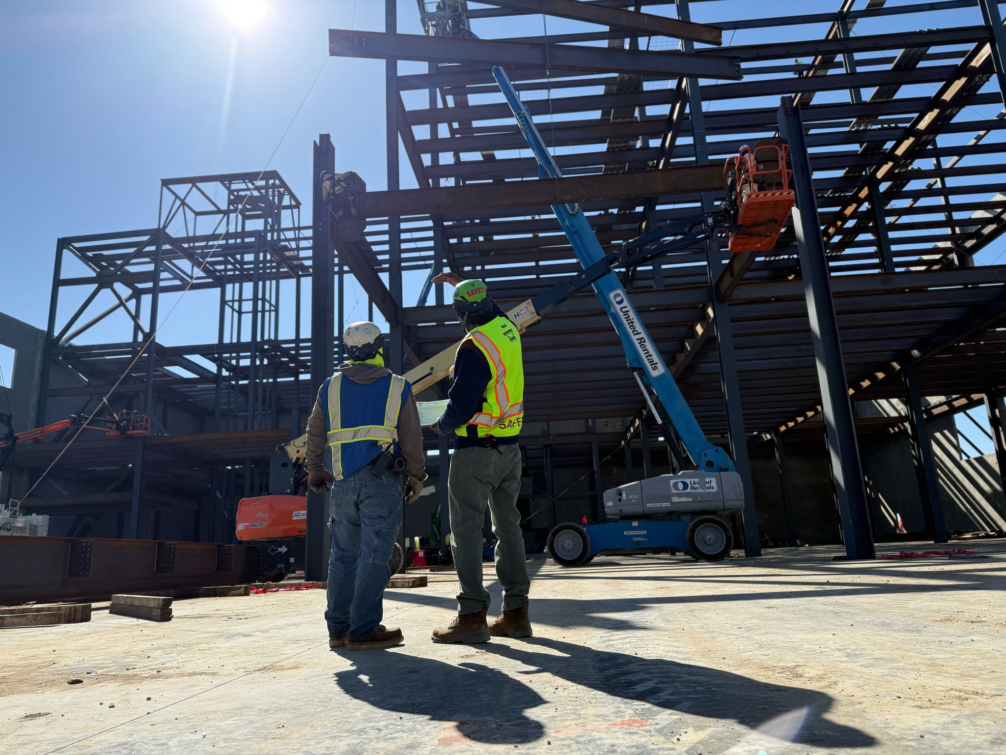 Crew working on structural steel frame